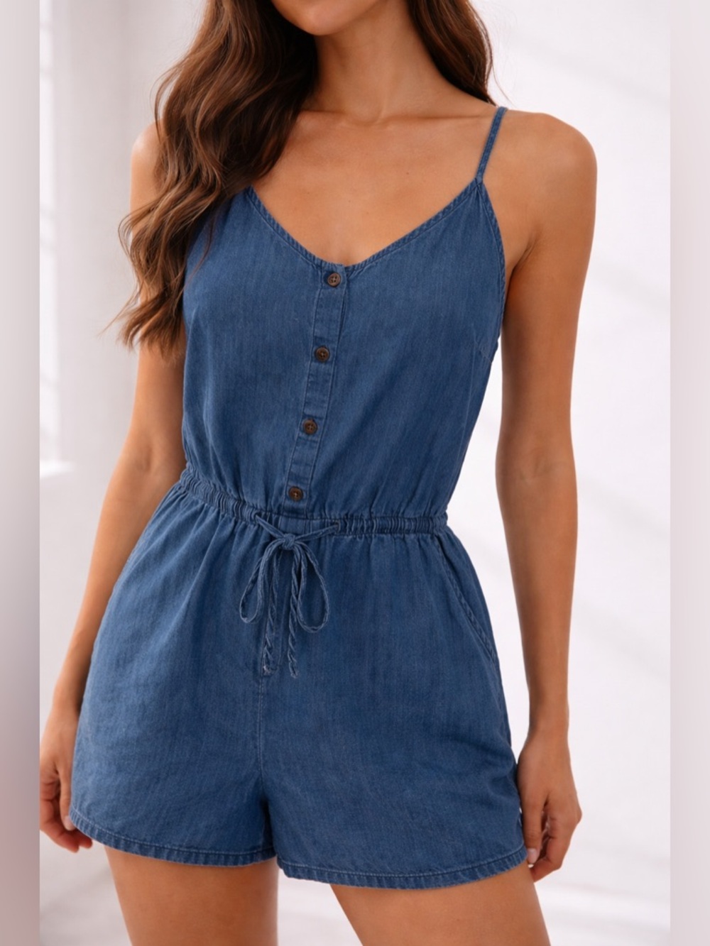 Old Navy Chambray Denim Romper Blue Button Front Tie Waist Size S